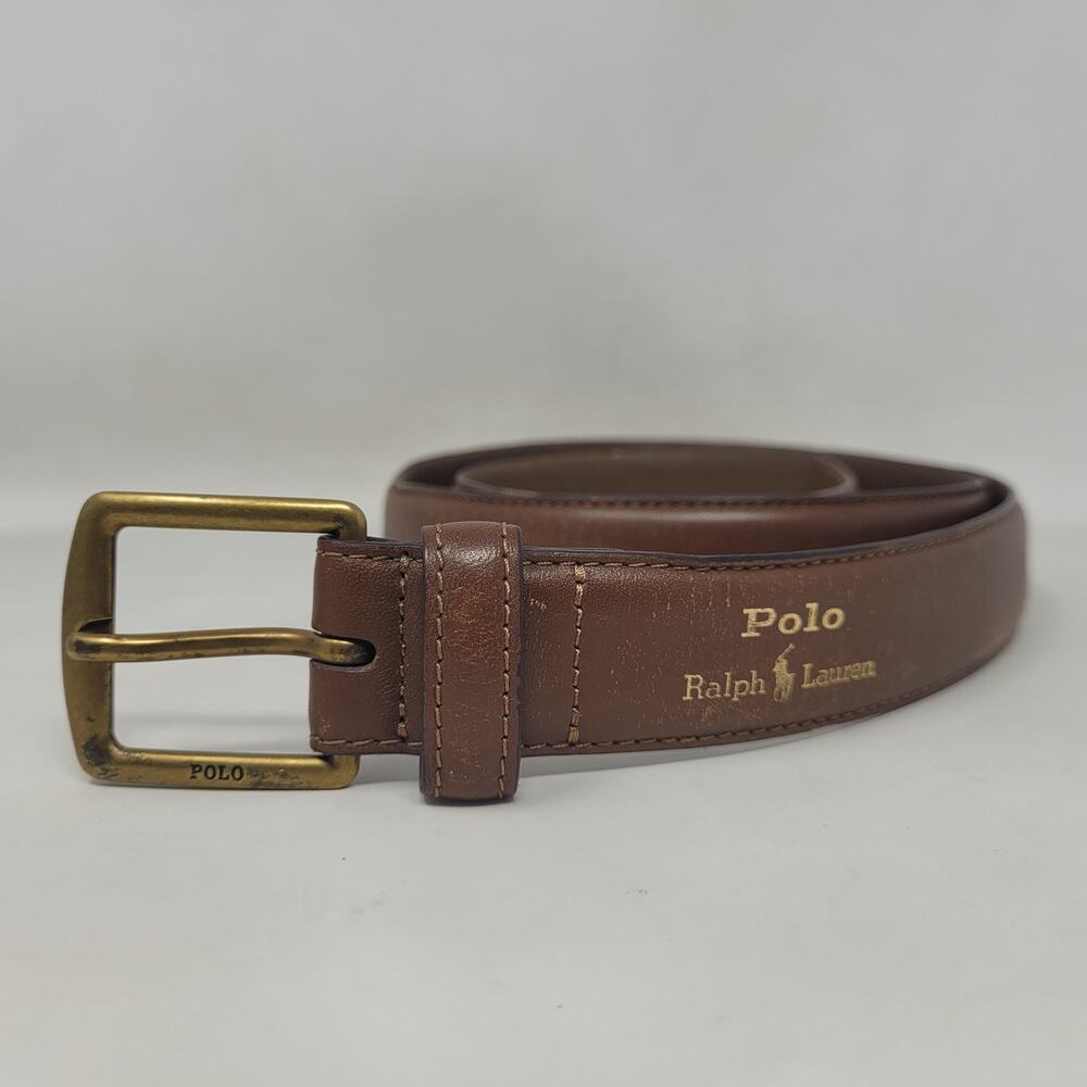 Polo Ralph Lauren Belt 36 Brown Leather Brass Buckle Dress Classic Casual Preppy